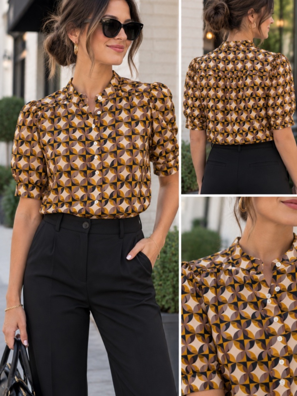 Women's AVARA Geometric Print Blouse with Puff, Elbow-Length Sleeves XS NWT